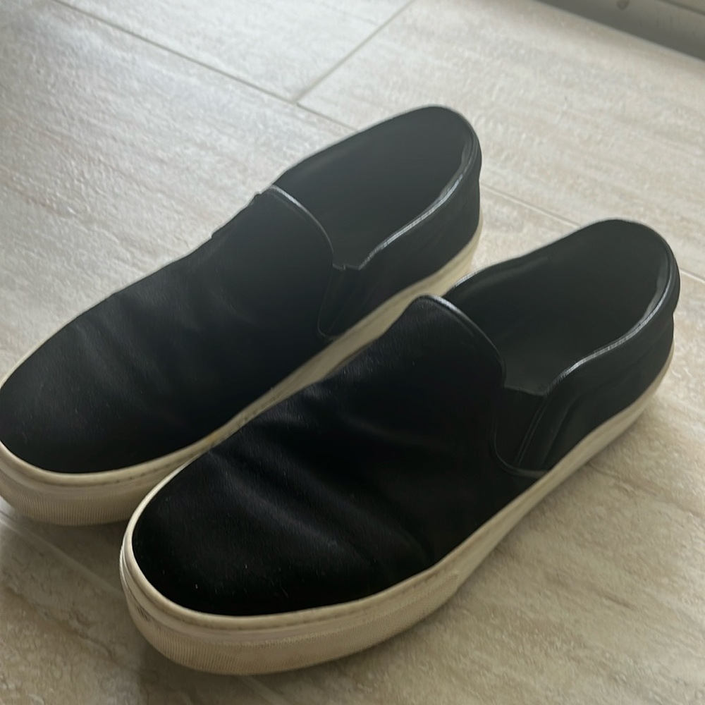 Celine Paris slip on black satin canvas with leather trim boat shoe size 38.5